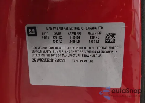 2011 Chevrolet Impala Lt z USA, uszkodzony, nr VIN 2G1WG5EK2B1278220